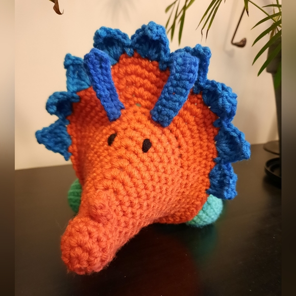 Handmade Crochet Triceratops Dinosaur Plush Toy Amigurumi - Picture 7 of 8